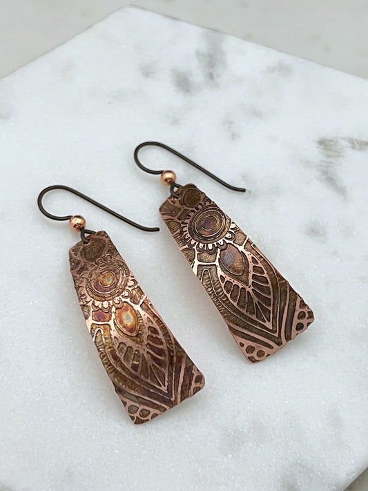 Acid etched copper irregular rectangle earrings
