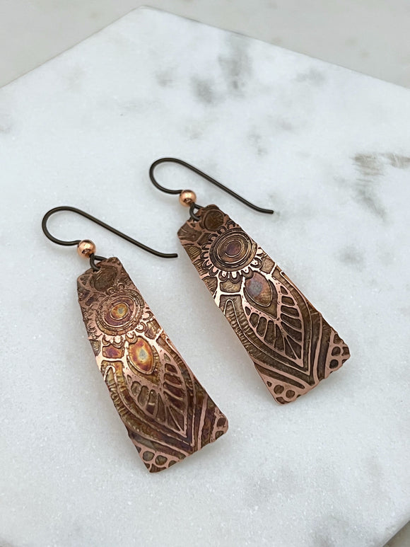 Acid etched copper irregular rectangle earrings