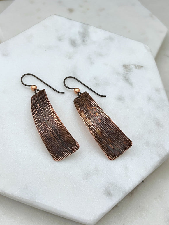 Acid etched copper irregular rectangle earrings