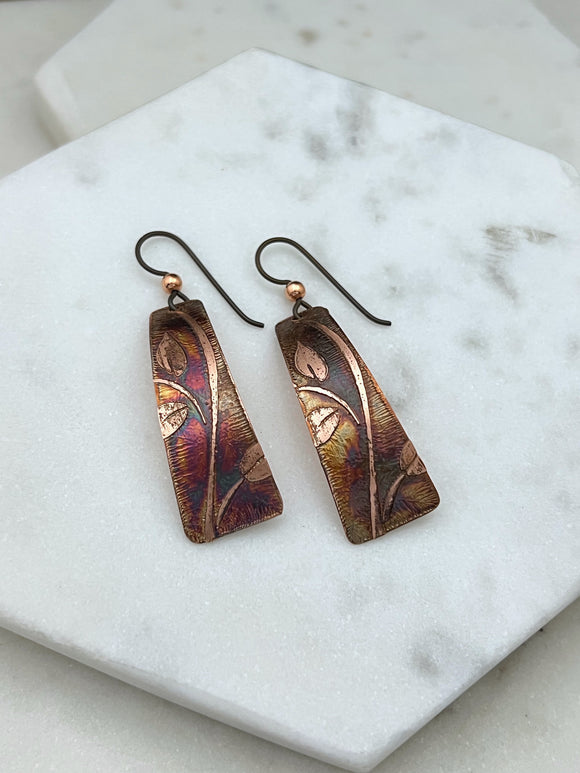Acid etched copper irregular rectangle earrings
