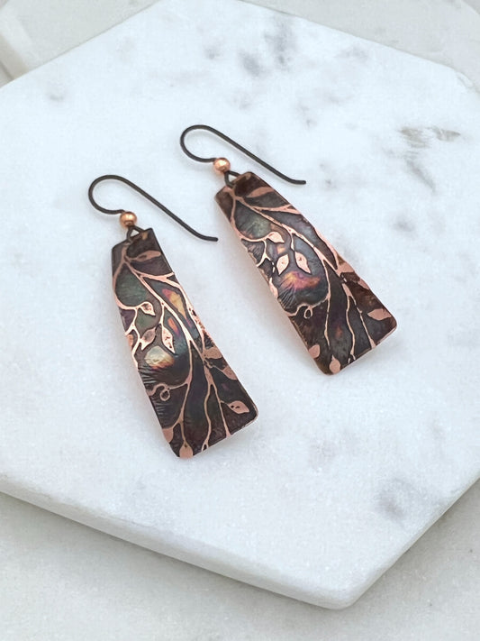 Acid etched copper irregular rectangle earrings