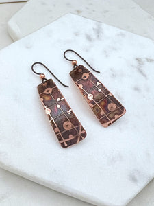 Acid etched copper irregular rectangle earrings