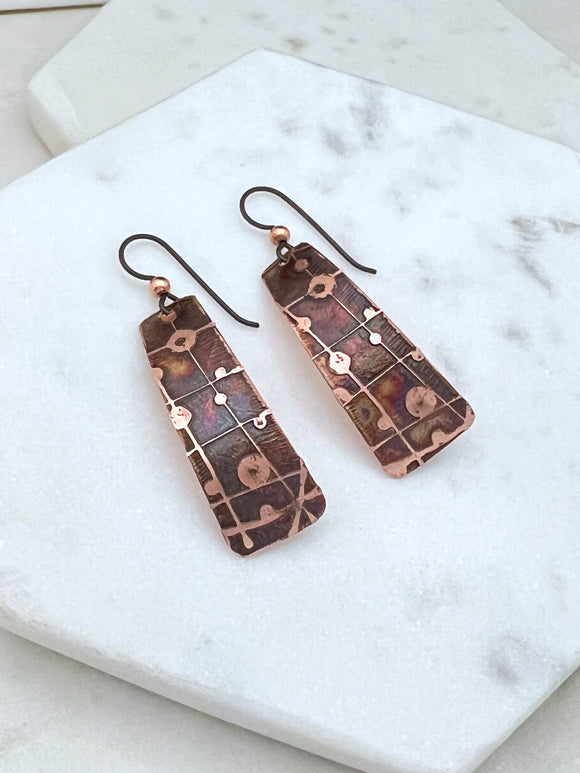 Acid etched copper irregular rectangle earrings