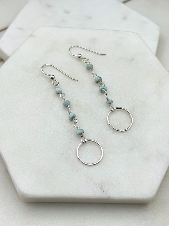 Sterling silver forged hoop earrings with Larimar chain