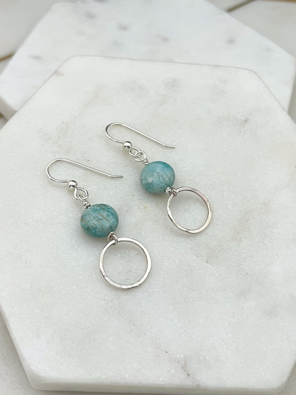Sterling silver forged hoop earrings with amazonite