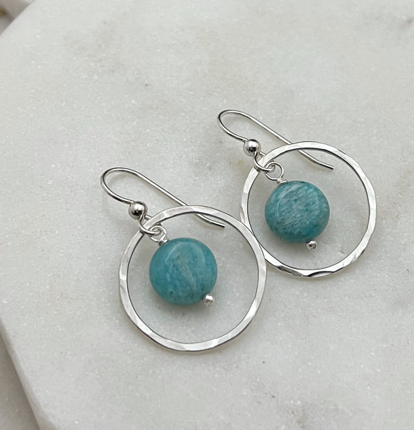 Sterling silver forged hoop earrings with amazonite