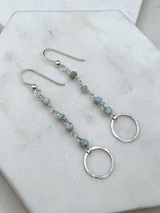 Sterling silver forged hoop earrings with Larimar chain