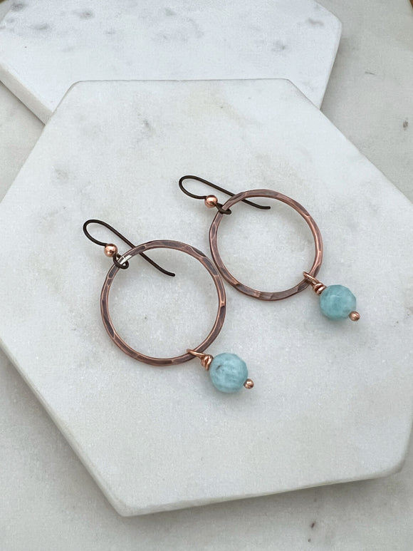 Copper hoop earrings with amazonite gemstone