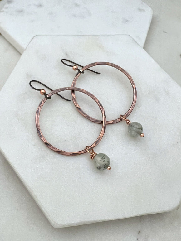 Copper hoop earrings with prehenite gemstone