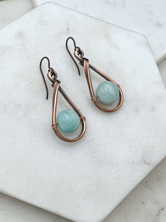 Copper teardrop hoops with aquamarine