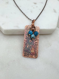 Acid etched copper necklace with apatite gemstones