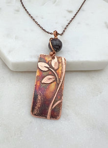 Acid etched copper leaf necklace with lepidolite gemstone