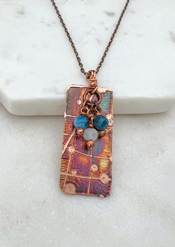Acid etched copper necklace with apatite and moonstone gemstones