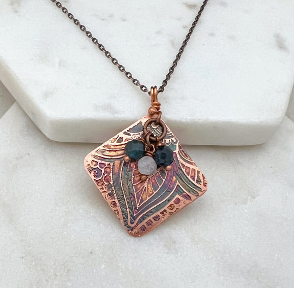 Acid etched copper necklace with moonstone and apatite gemstones