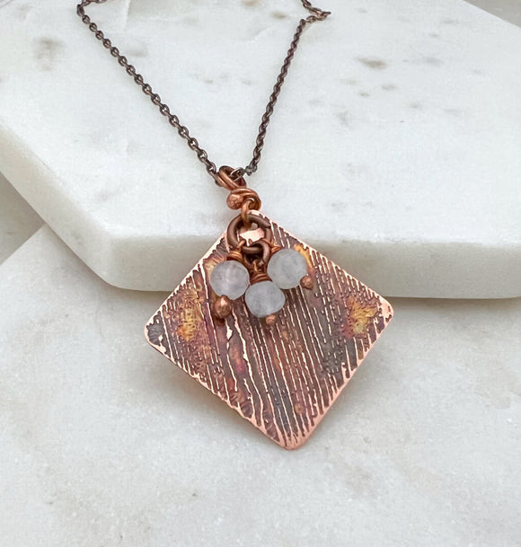 Acid etched copper necklace with moonstone gemstone