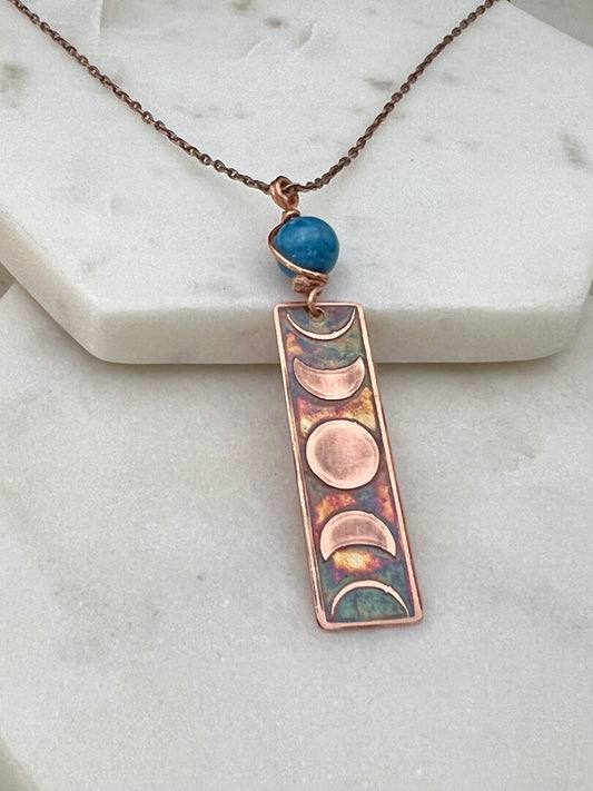 Moon phase acid etched copper necklace with apatite gemstone