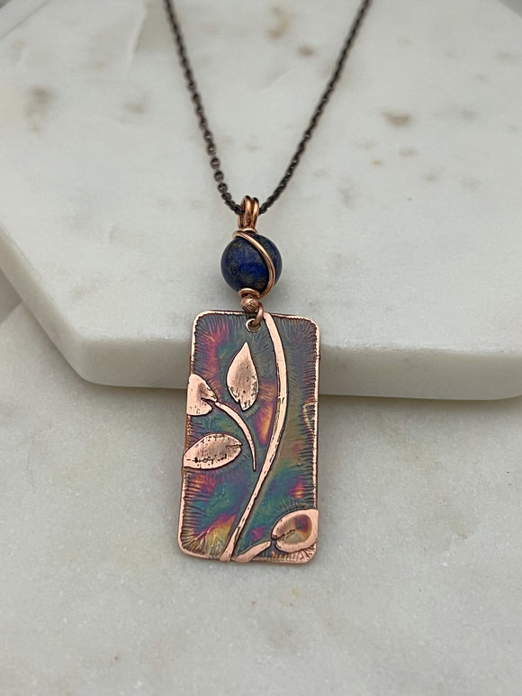 Acid etched copper leaf necklace with Lapis gemstone