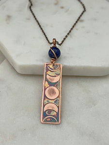 Moon phase acid etched copper necklace with lapis gemstone