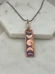 Moon phase acid etched copper necklace with rose quartz gemstone