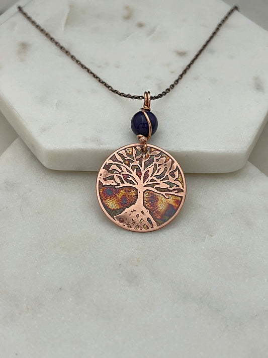 Acid etched copper tree necklace with sodalite gemstone