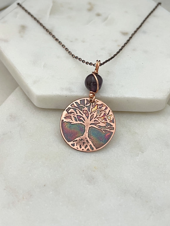 Acid etched copper tree necklace with amethyst gemstone