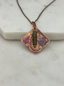 Acid etched copper necklace with moss agate gemstone