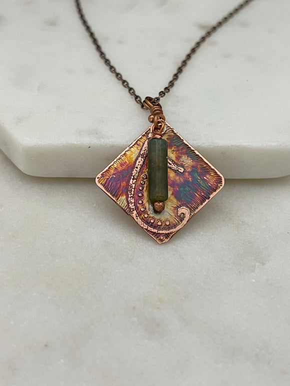 Acid etched copper necklace with moss agate gemstone