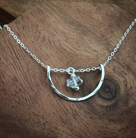 Forged sterling silver wire half moon necklace with Herkimer Diamond