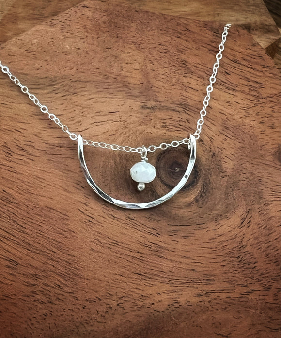 Forged sterling silver wire half moon necklace with moonstone