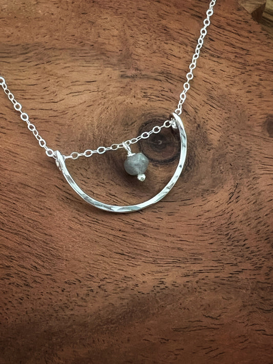 Forged sterling silver wire half moon necklace with labradorite