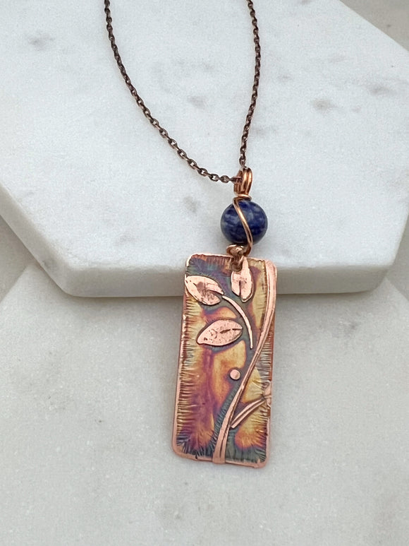 Acid etched copper leaf necklace with Lapis gemstone