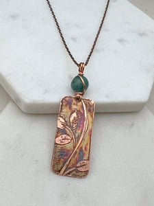Acid etched copper leaf necklace with amazonite gemstone