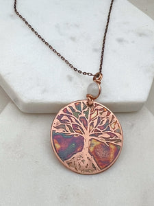 Moon phase acid etched copper necklace with moonstone gemstone