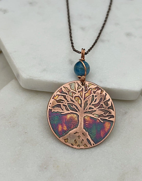 Moon phase acid etched copper necklace with apatite gemstone