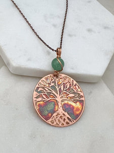 Moon phase acid etched copper necklace with aventurine gemstone