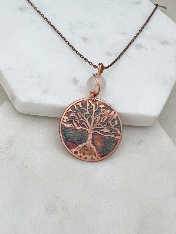 Moon phase acid etched copper necklace with rose quartz gemstone