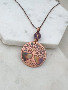 Acid etched copper tree necklace with amethyst gemstone