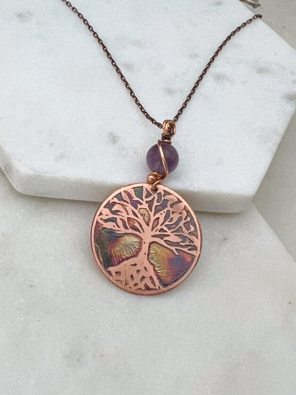 Acid etched copper tree necklace with amethyst gemstone