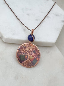 Acid etched copper tree necklace with lapis gemstone
