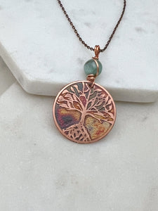 Acid etched copper tree necklace with amazonite gemstone