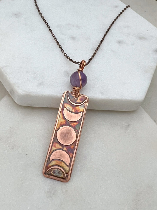 Moon phase acid etched copper necklace with amethyst gemstone