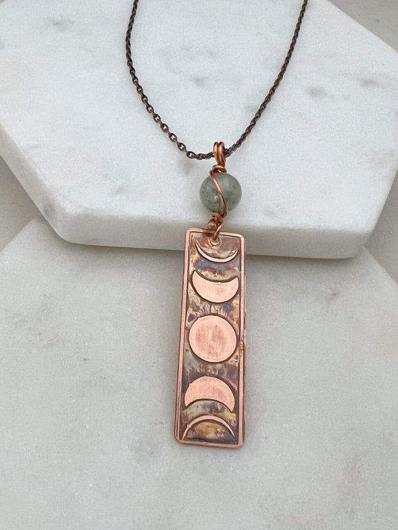 Moon phase acid etched copper necklace with prehnite gemstone