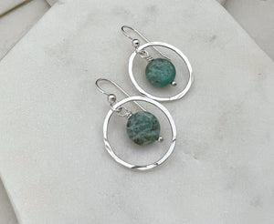 Sterling silver forged hoop earrings with amazonite