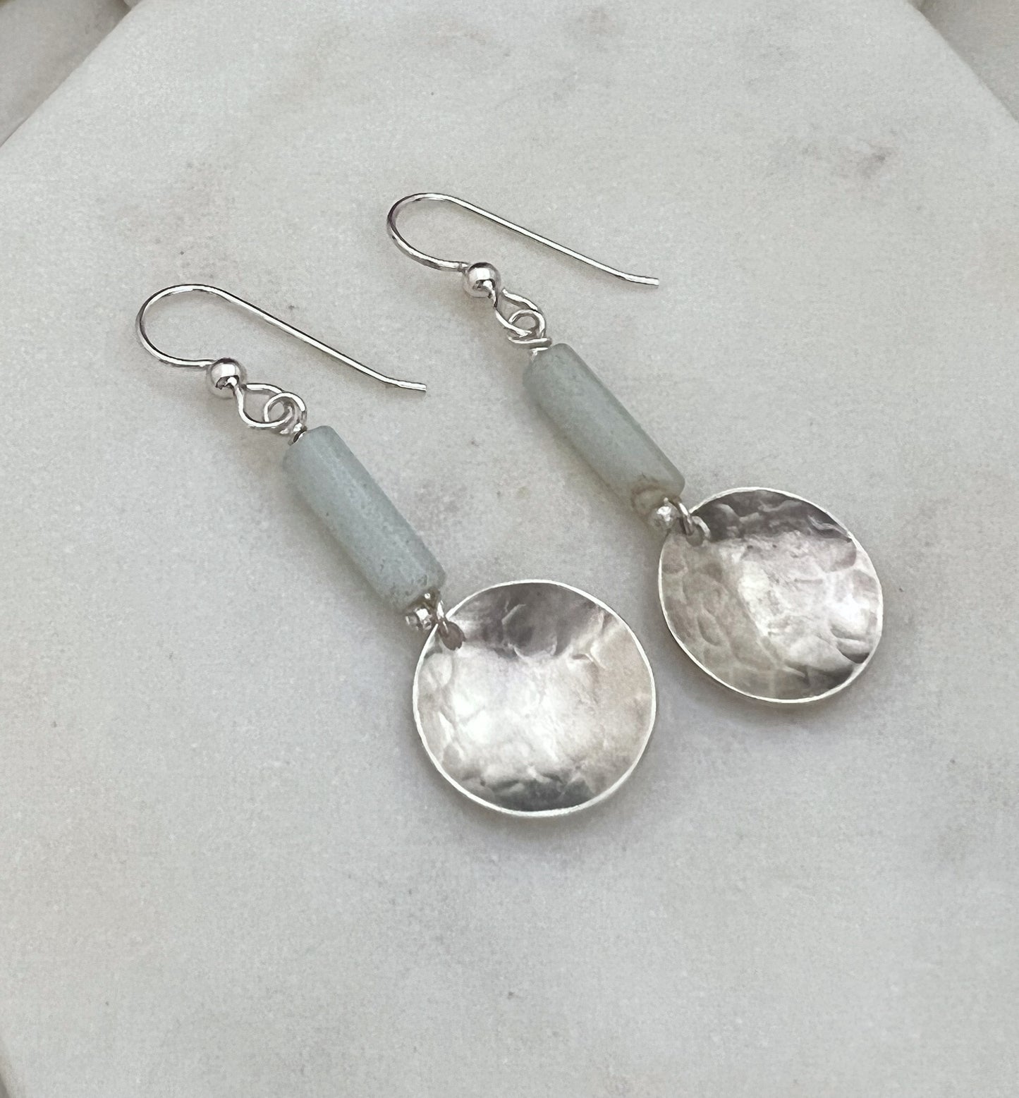Sterling silver forged disk earrings with amazonite