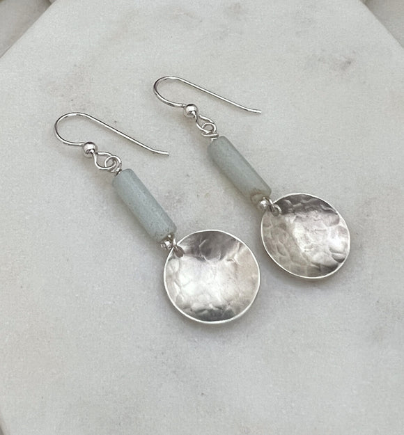 Sterling silver forged disk earrings with amazonite