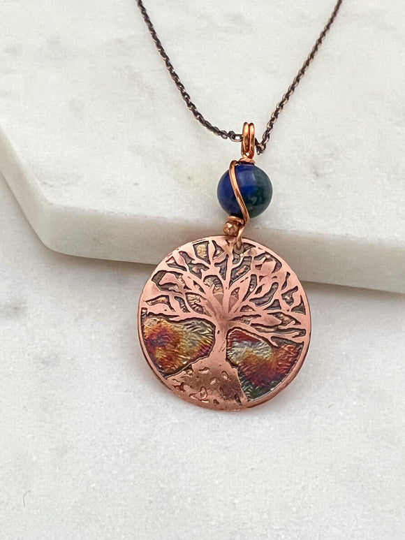 Acid etched copper tree necklace with chrysocolla gemstone