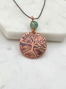 Acid etched copper tree necklace with aventurine gemstone