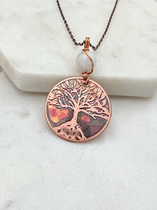 Acid etched copper tree necklace with moonstone gemstone