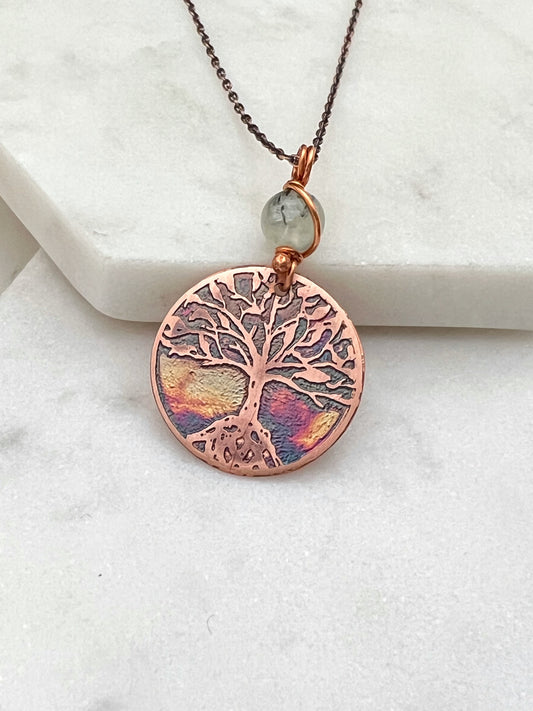 Acid etched copper tree necklace with prehnite gemstone