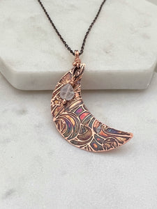 Acid etched copper crescent necklace with moonstone gemstone
